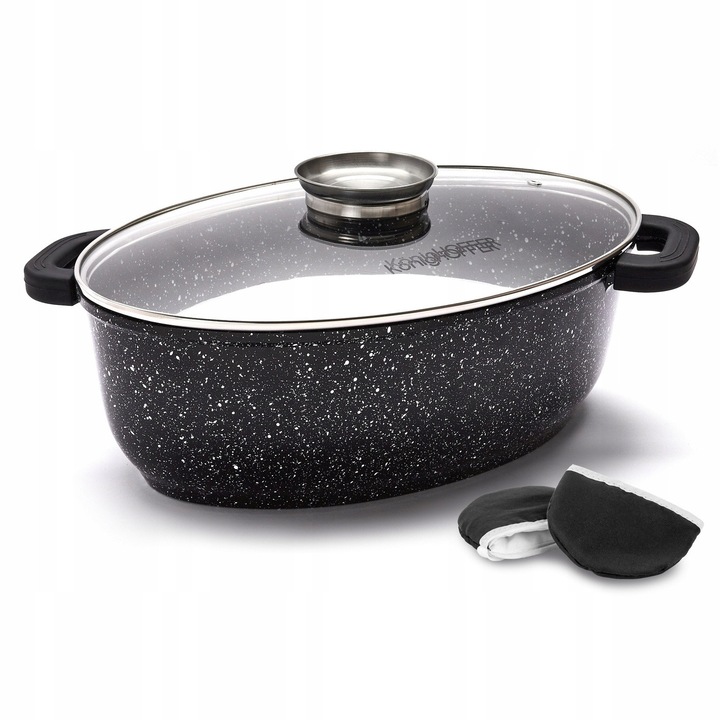 Konighoffer Pollo ovális sütőtál, aromaadagolós fedővel, 8 l, 39x27x13cm, fekete