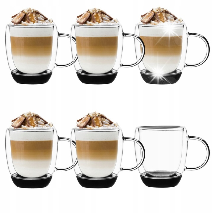 Set cani termice Tadar Garet 330ml, 6 bucati, sticla borosilicata, negru, 11x13x9.5cm