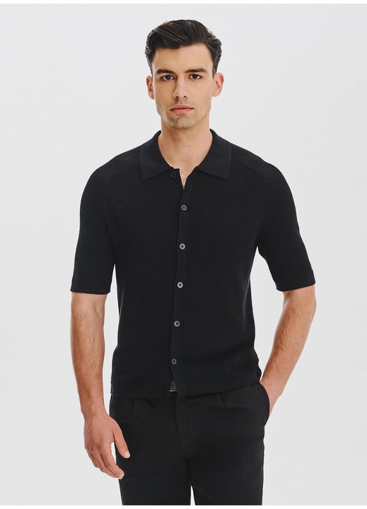 Férfi póló, fekete, gombos záródással, Pako Lorente, M