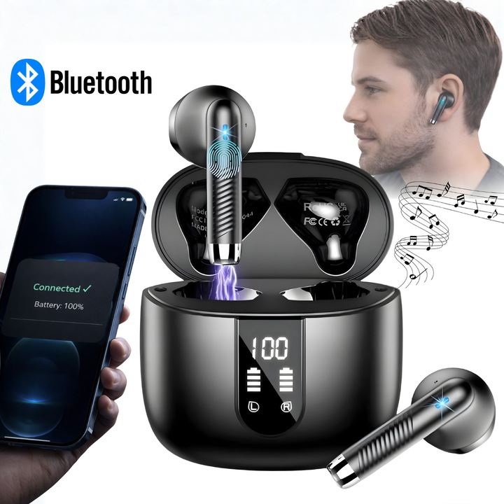 Casti Wireless Rapaz, Bluetooth 5.3, Functie Anulaze Zgomot, Microfoane HD, Afisaj Digital, Control Tactil, Autonomie Extinsa A Carcasei 48h, Protectie Apa IPX7, Incarcare Rapida USB-C, Negru