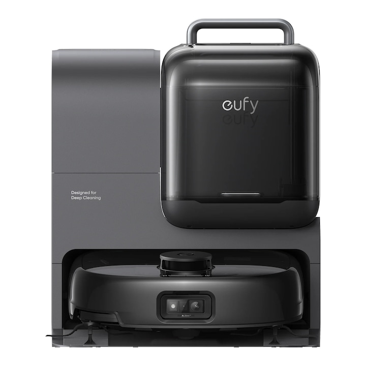 Роботизирана прахосмукачка eufy Omni E28 HydroJet FlexiOne, 20 000 Pa, ролков моп, станция за автоматично изпразване и измиване, черна