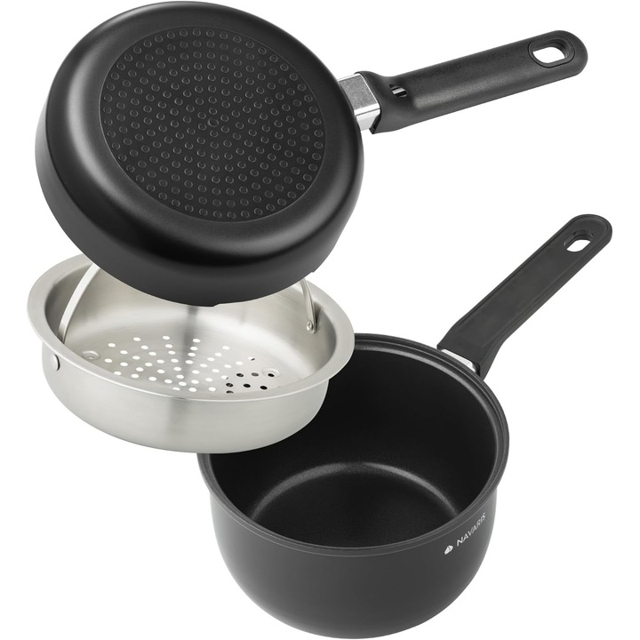 Set de gatit la abur, Navaris, 3 piese, oala, tigaie, aburitor din inox, strat ceramic antiaderent, maner termoizolant, compatibil inductie si gaz, Negru