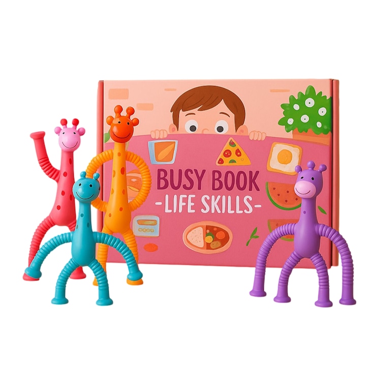 Set 4 jucarii girafa ventuza telescópica cu lumina si bussy book inclus, Sa exercite capacitatea practica, Pentru fete si Baieti, ABS, Multicolor, HAPPY JOKER®