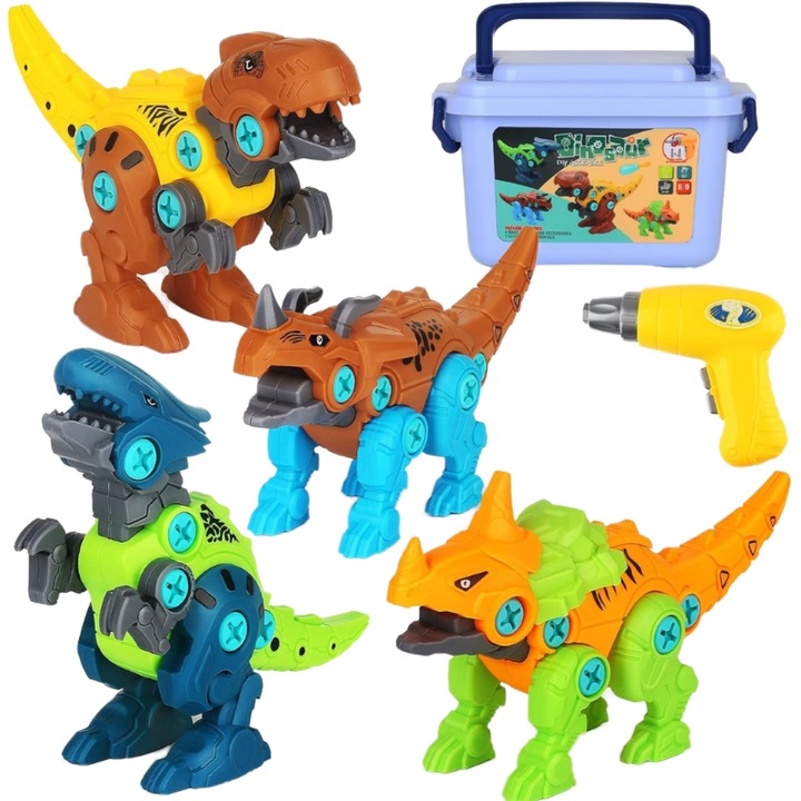 Set STEM Ludiro, 4 Dinozauri de Asamblat cu Surubelnita Electrica & Manuala, Cutie Depozitare, Joaca Educativa, +3 Ani