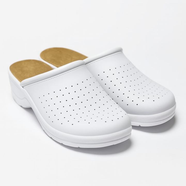 Saboti medicali GoldenFit Unisex, albi, cu aerisire si talpa antiderapanta, piele, 39