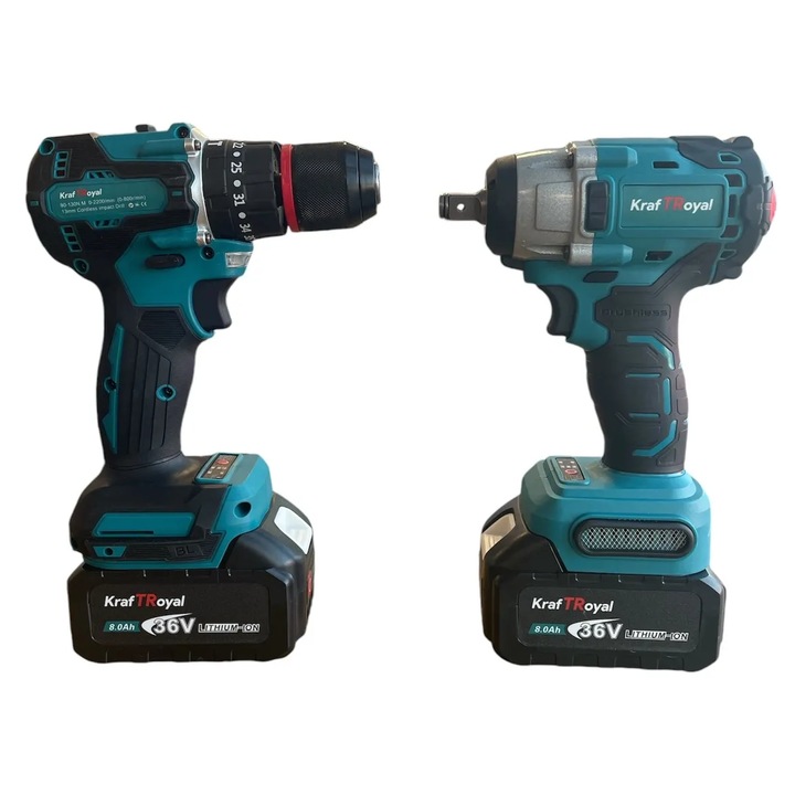Mașină de înșurubat cu impact și bormașină fără perii, cu acumulatori 36V-2x 8AH, în cutie KraftRoyal, cu 3 moduri de lucru.