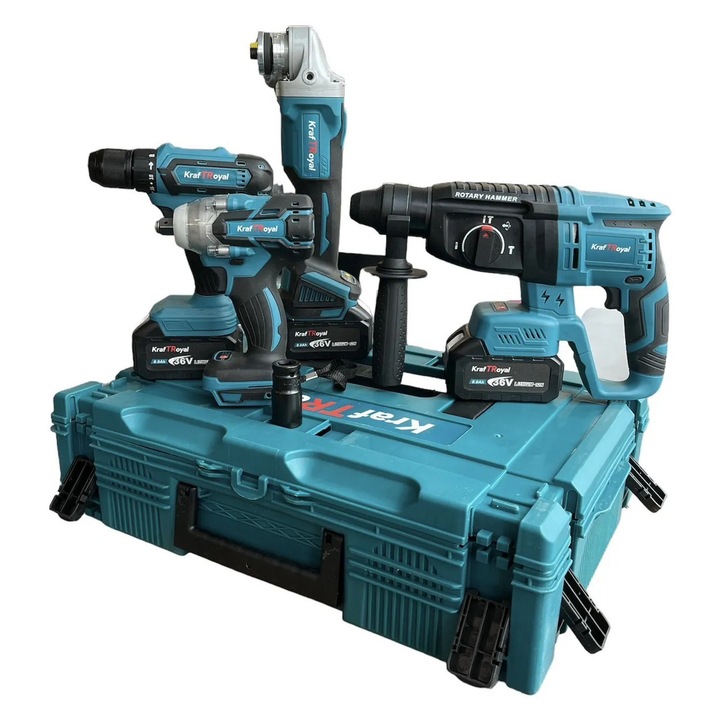 Комплект акумулаторен перфоратор, ъглошлайф 125ММ, гайковерт и винтоверт 36V KraftRoyal, С 3 бр. батерии 8AH, Включени куфар и зарядно
