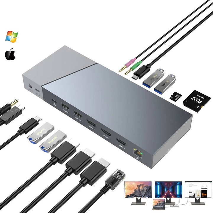 USB C ХЪБ 16 в 1, AHA PRINT®, 3 x HDMI, Слот за SD карта, MicroSD, RJ45 Gigabit 1000Mbps, PD 100W, 3.5 мм жак, Type C 3.2, Докинг станция Premium Алуминий, за 3 Монитора, Активен Мултипорт, Бързо Зареждане, Лаптоп, Macbook, Windows, Mac OS, Универсален