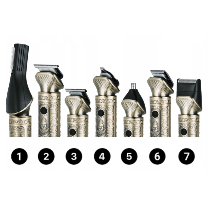 Aparat de tuns Alpha 7in1, trimmer pentru corp si barbie, 16 capete, incarcare USB, 0-12mm, 200g