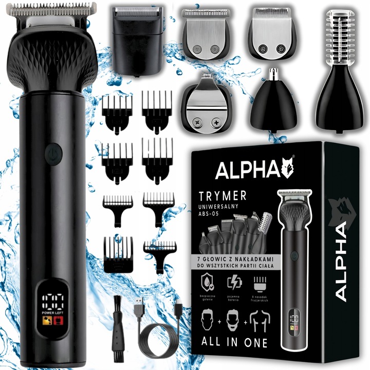 7 в 1 машинка за подстригване, тример и самобръсначка Alpha, 7 глави, метална, 0-12 мм