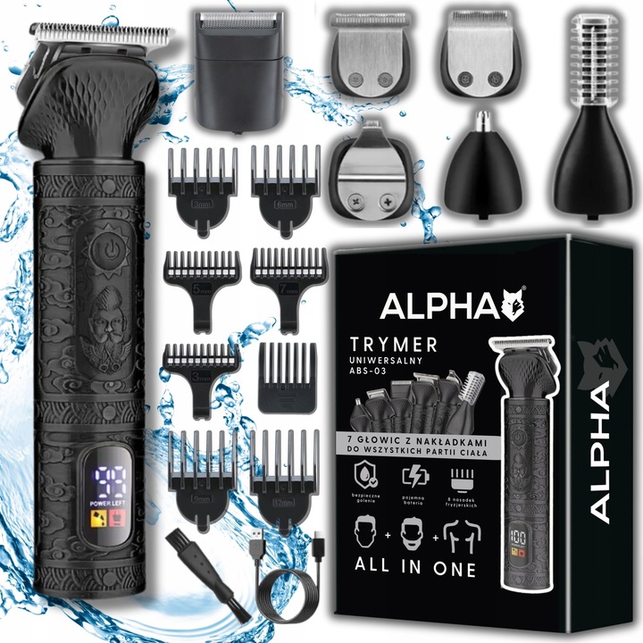 7 в 1 машинка за подстригване, тример и самобръсначка Alpha ABS-03, 16 глави, USB зареждане, 0-12 мм, метална