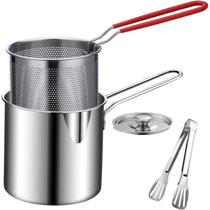 Set mini Friteuza pentru prajit, Golxmse, Inox, 12cm, Argintiu, Include Cos de Prajit si Cleste