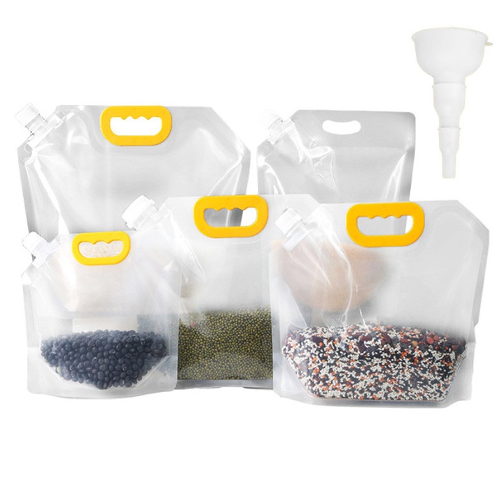 5 db-os élelmiszerzsák készlet, Golxmse, átlátszó, 1,5-5 kg kapacitás, tölcsérrel