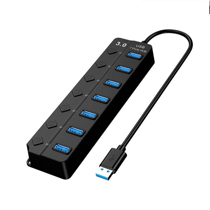 Hub USB 3.0 cu 7 porturi cu LED individual pornit/oprit, 7 in 1, comutator independent, interfata de alimentare DC 5V standby, porturi de date de 5 GB, pentru laptop, PC, Surface Pro, unitate flash, HDD mobil, Vaxiuja, 1.2m, Negru