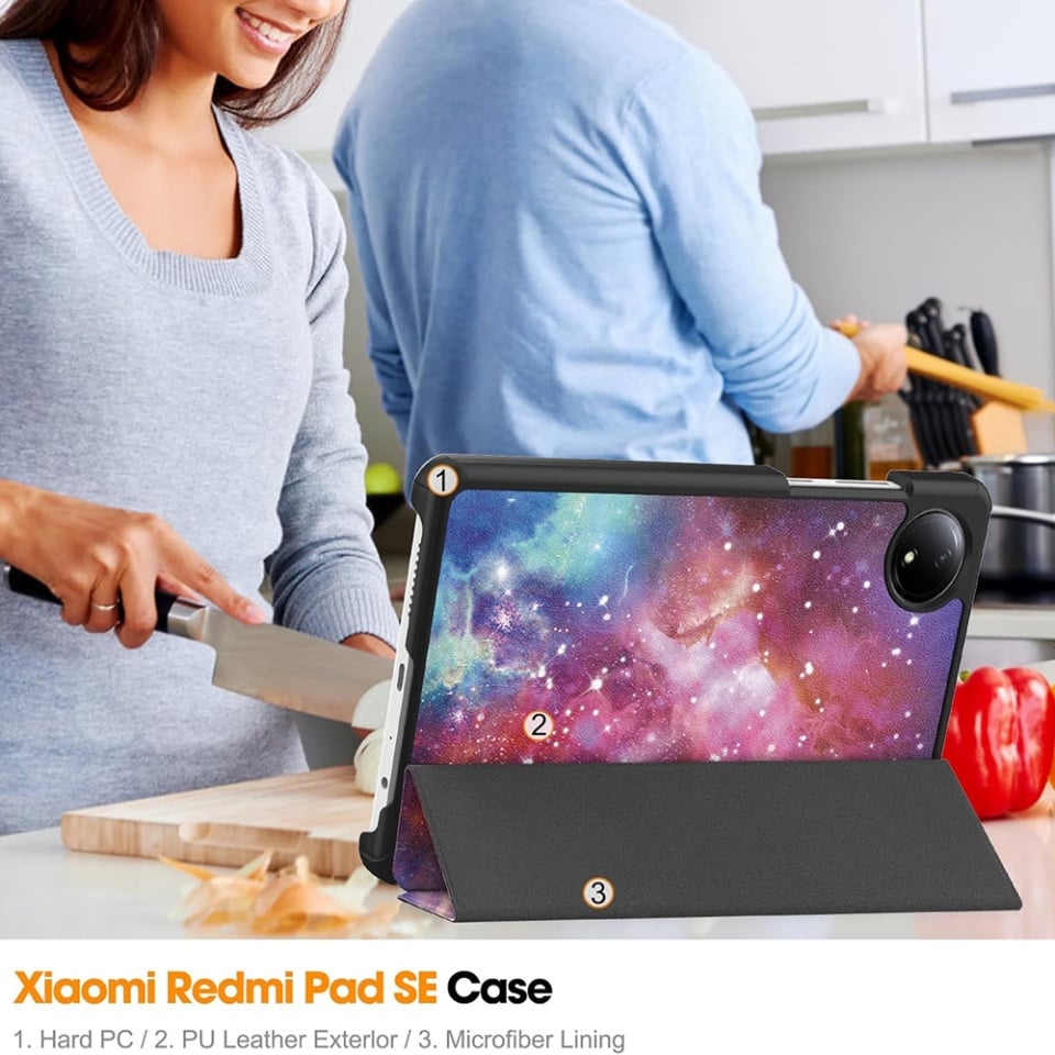 Husa tableta pentru Xiaomi Redmi Pad SE 4G 8.7", SKYDDAR INNOVATION, cu suport Multi-Unghi si functie Sleep/Wake, FoldPro, Galaxy, set cu sticker