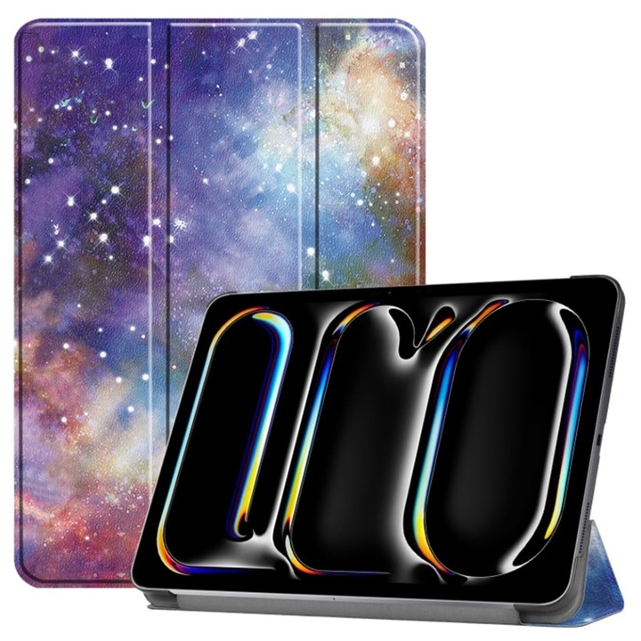 Husa tableta pentru iPad Pro 11 (2024), SKYDDAR INNOVATION, cu suport Multi-Unghi si functie Sleep/Wake, FoldPro, Galaxy, set cu sticker