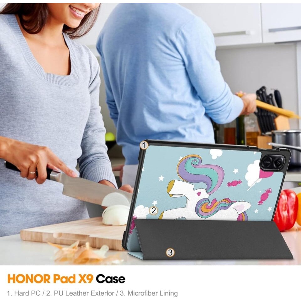 Husa tableta pentru Honor Pad X8a, SKYDDAR INNOVATION, cu suport Multi-Unghi si functie Sleep/Wake, FoldPro, Unicorn, set cu sticker