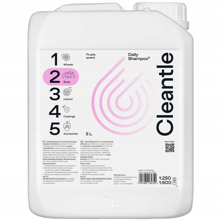Cleantle Daily Shampoo autósampon, koncentrált, pH semleges, gyümölcsös, 5L