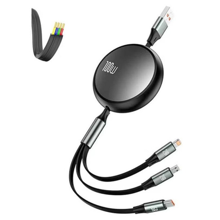 Cablu de incarcare retractabil 3 in 1 TodyJeyHo, incarcare rapida, 100cm, 100W, 6A