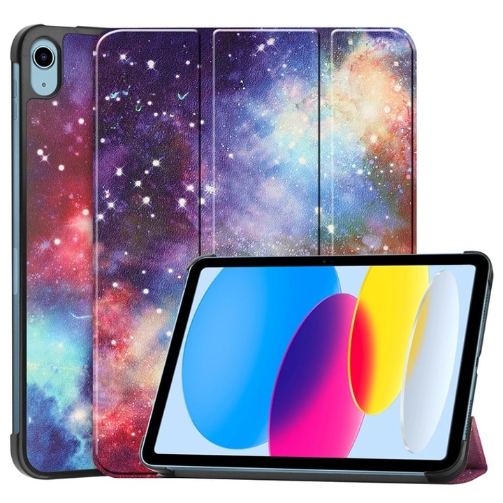 Husa tableta pentru iPad 10 (2022) 10.9 / 11 (2025), SKYDDAR INNOVATION, cu suport Multi-Unghi si functie Sleep/Wake, FoldPro, Galaxy, set cu sticker