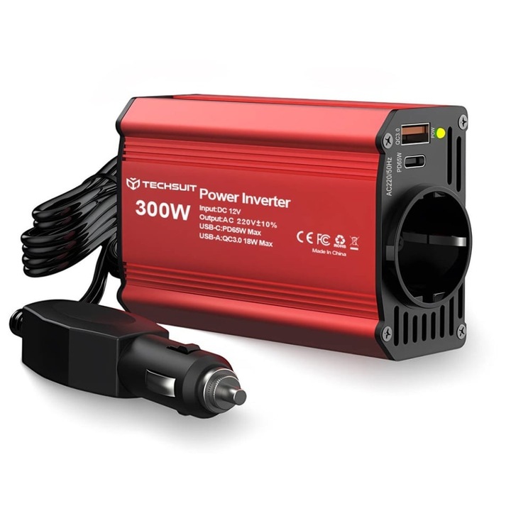 Invertor Auto 220V, Type-C, USB, Priza, 300W, PD 65W, Skyddar FlexiCarVolt, set cu sticker, Rosu