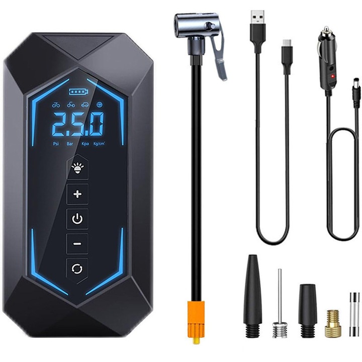 Pompa aer auto electrica, afisaj digital LCD, Optiune incarcare telefon, Lanterna LED, Portabila, Reincarcare USB, baterie 1800 mAh, 20000RPM, 0.2~150 PSI, 30L/M, Manometru digital, LEIISVK, Negru