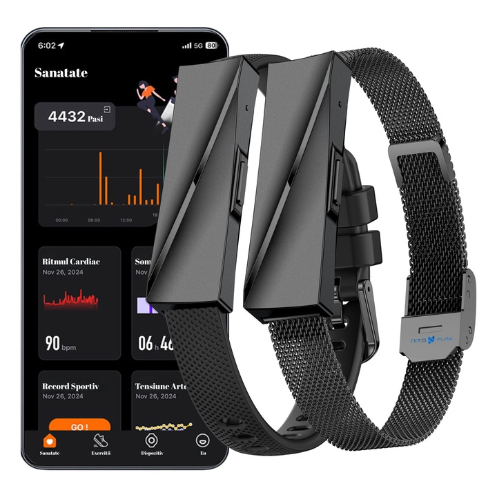 Смарт фитнес гривна Nitoplay Elegance, черна, 2 каишки, Bluetooth, GPS, Android/iOS, румънско меню, 20 дни живот на батерията, водоустойчивост IP68, известия, пулс, кръвно налягане, SpO2, сън, стрес, калории, стъпки, менструация, 170+ спорта