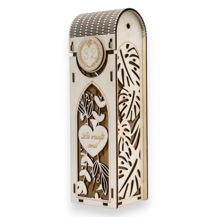 Cutie vin “La mulți ani!” - inimă în ramă florală & model frunze tropicale