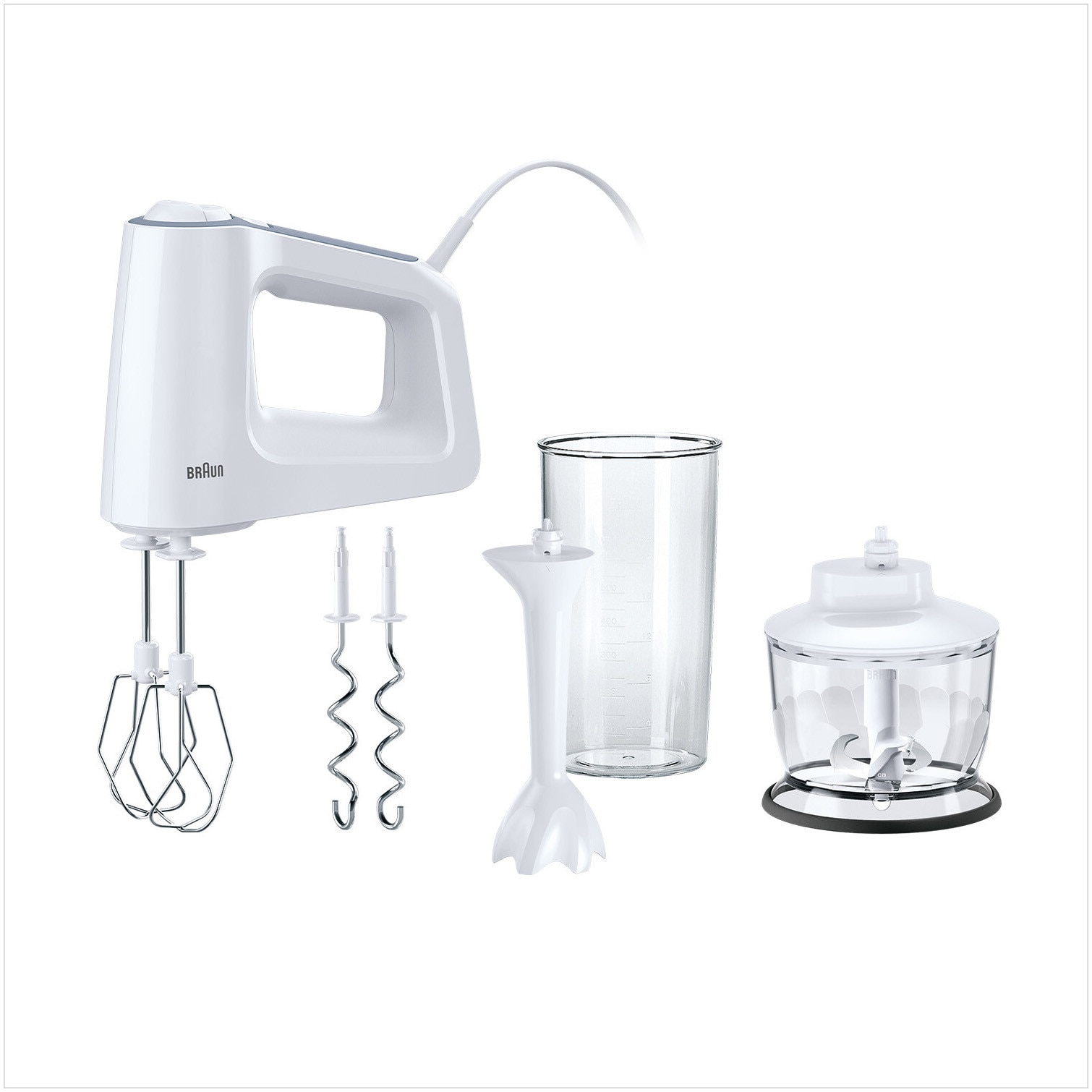 Mixer de mana Braun MultiMix 3 HM3135WH, 500 W, 5 viteze + Turbo, Tehnologie SmartMix, 2 teluri, 2 carlige pentru aluat, tocator 500ml, pahar gradat 600 ml, picior pasator, Alb