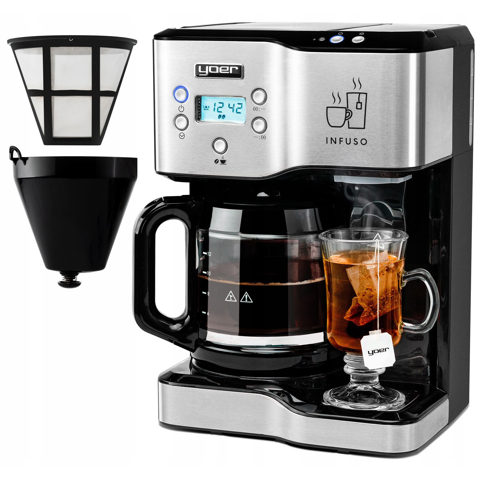 Cafetiere 2in1 Yoer INOX, 1900W, 1,8L, negru cu elemente argintii, dozator apă fierbinte, filtru reutilizabil, dimensiuni 35,5x25,3x21,5cm