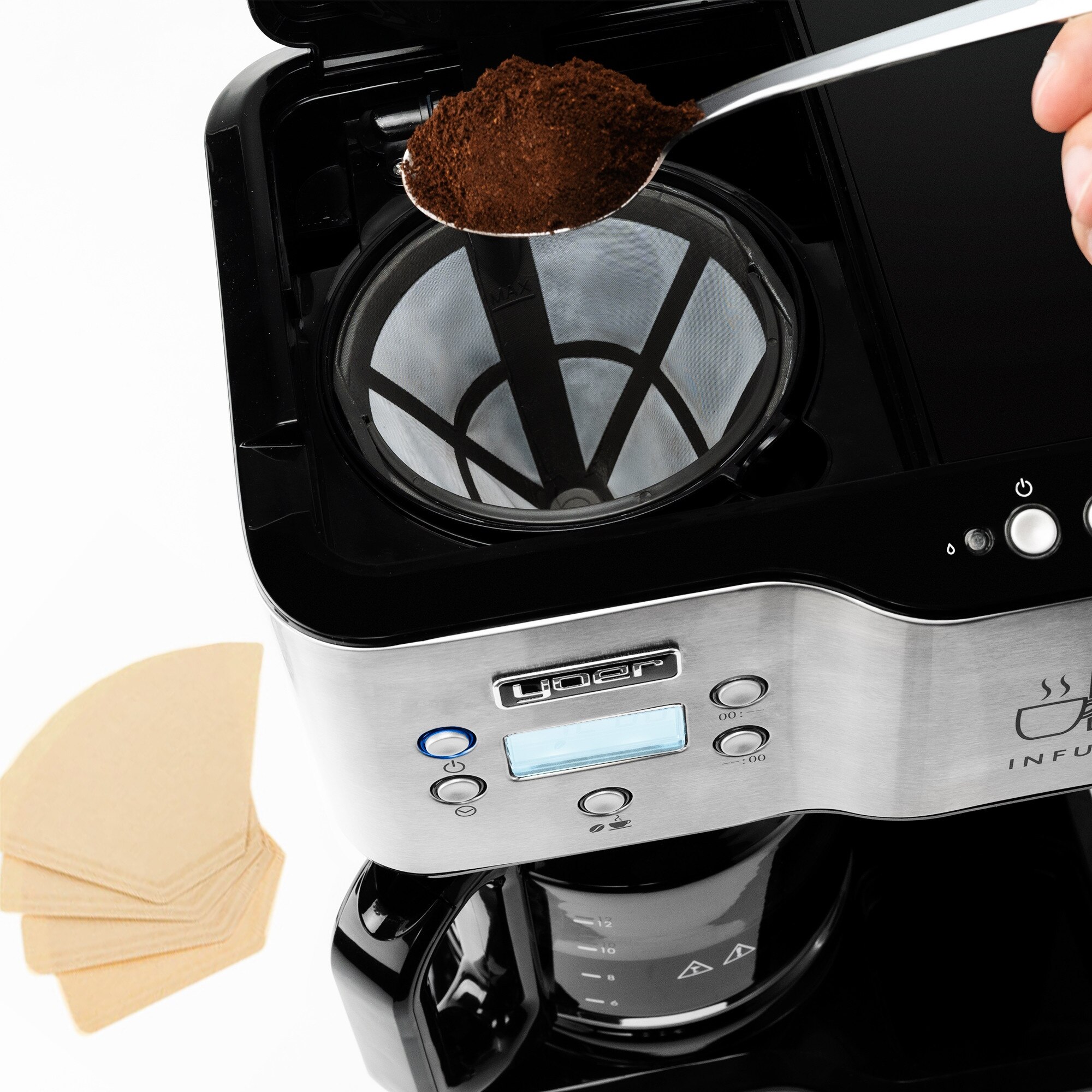 Cafetiere 2in1 Yoer INOX, 1900W, 1,8L, negru cu elemente argintii, dozator apă fierbinte, filtru reutilizabil, dimensiuni 35,5x25,3x21,5cm