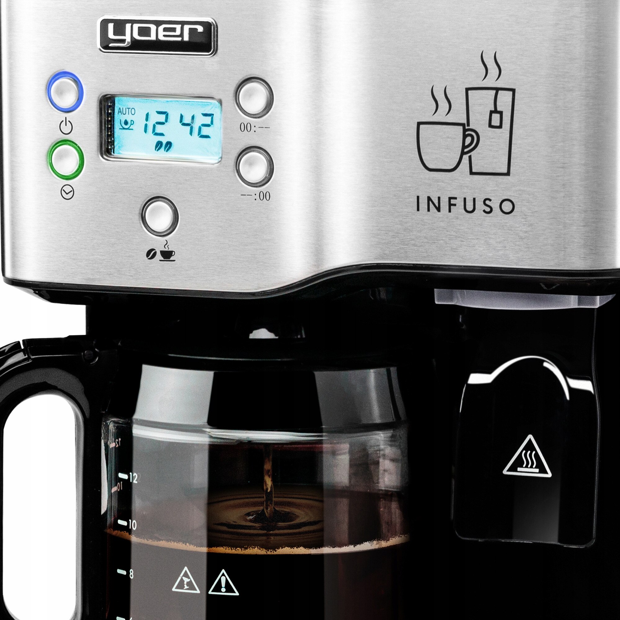 Cafetiere 2in1 Yoer INOX, 1900W, 1,8L, negru cu elemente argintii, dozator apă fierbinte, filtru reutilizabil, dimensiuni 35,5x25,3x21,5cm