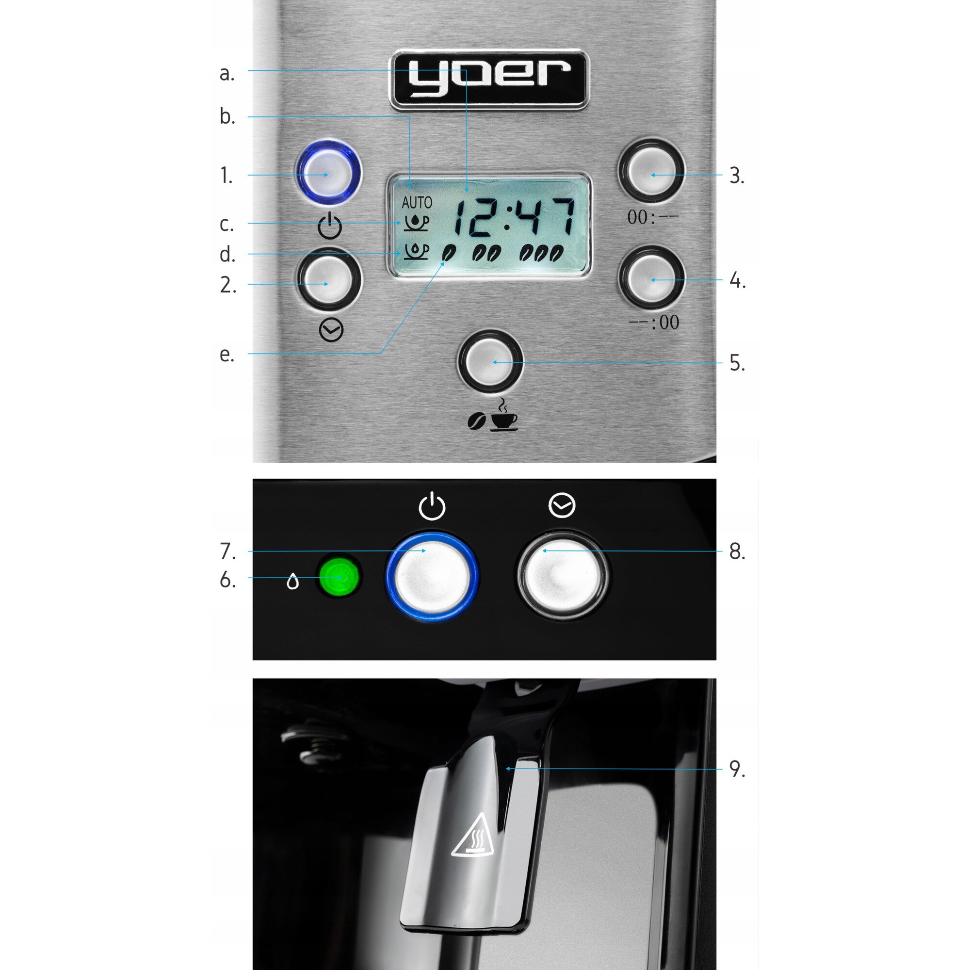 Cafetiere 2in1 Yoer INOX, 1900W, 1,8L, negru cu elemente argintii, dozator apă fierbinte, filtru reutilizabil, dimensiuni 35,5x25,3x21,5cm