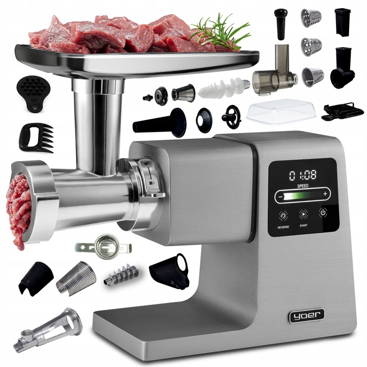 Masa de tocat 7in1 Yoer 2500W, 4kg/min, metalica, cu satca si 37 de accesorii, dimensiuni 26x14,4x21,8cm, culoare argintie