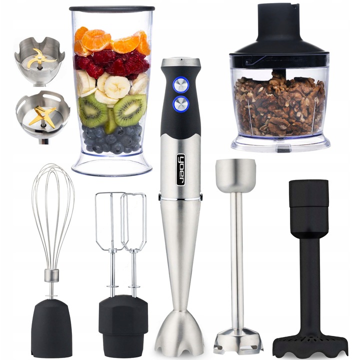 Блендер Yoer 8в1, многофункционален, 1500W, 14 аксесоара, сребрист/черен