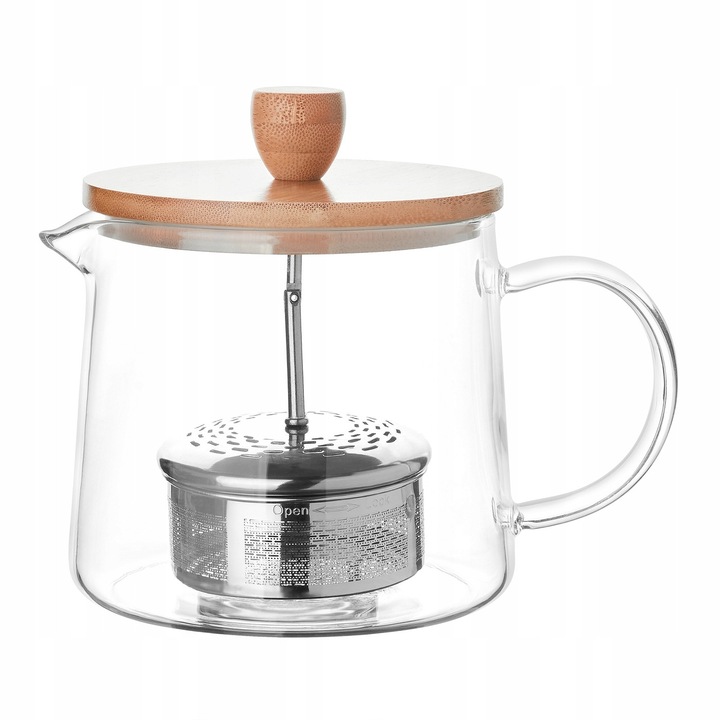 Стъклен чайник Konighoffer с инфузер 1 л, бамбуков капак, устойчив на висока температура, 12,5x14,5x18,5 см