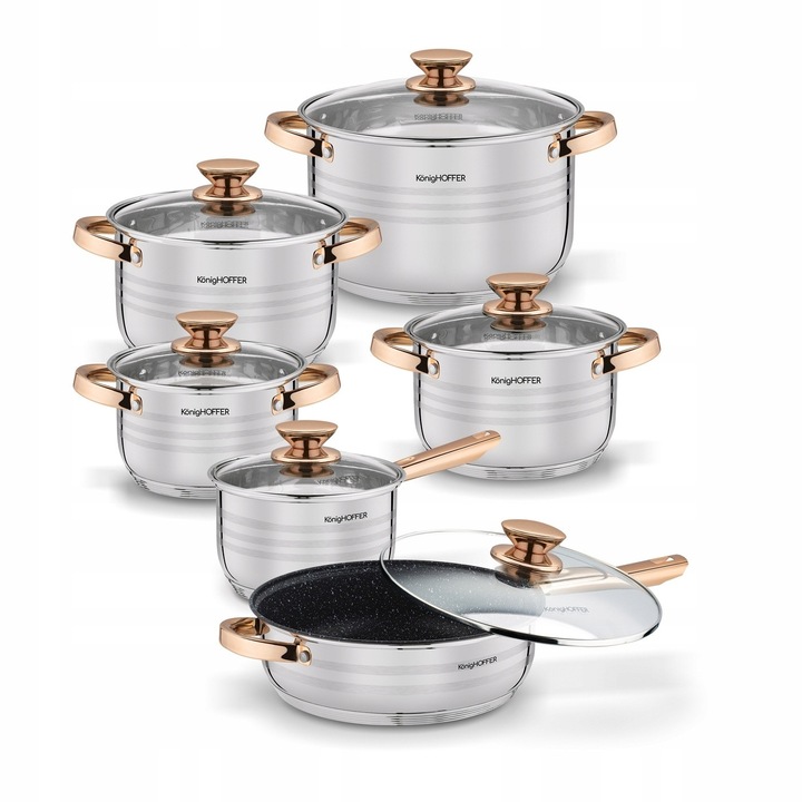 Konighoffer Bari Rose Gold edénykészlet, 12 elemes, rozsdamentes acél, különböző űrtartalmú, ezüst és réz