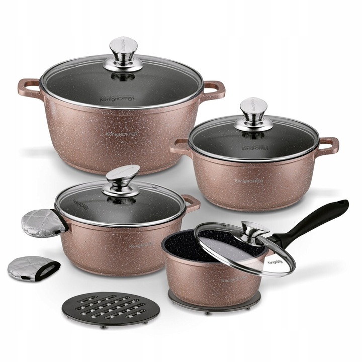 Set oale marmura Pollo Rose Gold 12 elemente, 1,2-4,5L, cu 2 protectii pentru manere