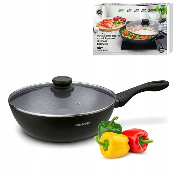Tigaie adanca cu capac, KonigHOFFER, 28cm, neagra, 2 piese, material antiaderent