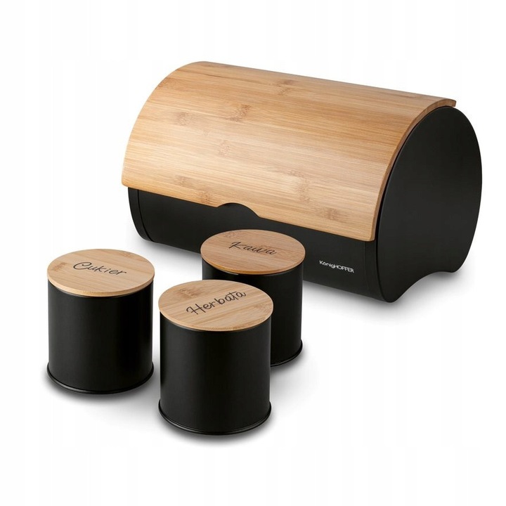 Set cutii alimentare Konighoffer, chlebak metalic negru 38x24x20cm, 3x recipiente 10,5x10cm