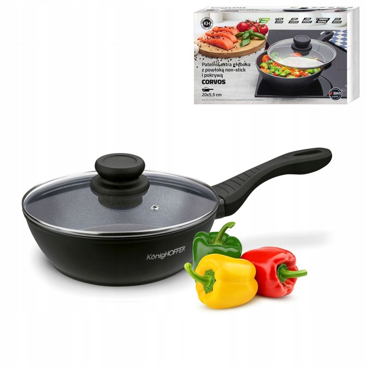 Дълбок алуминиев тиган 20 см, KonigHOFFER, незалепващо покритие, черен, комплект с прозрачен капак