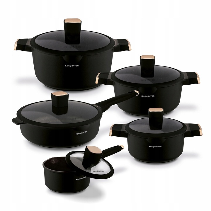 Комплект тигани и тенджери Konighoffer Black Rose, 10 части, черен, 16x20x24x28 см