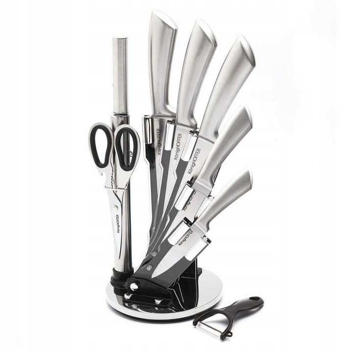 Set 9 cutite de bucatarie cu suport rotativ, Konighoffer, inox, manere ergonomice, gri