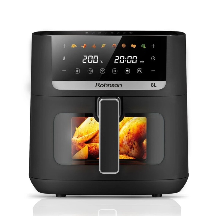 Фритюрник Air Fryer Rohnson R-2885, 1800W, Капацитет 8 л, Таймер, 360° 3D система, 8 програми, Черен