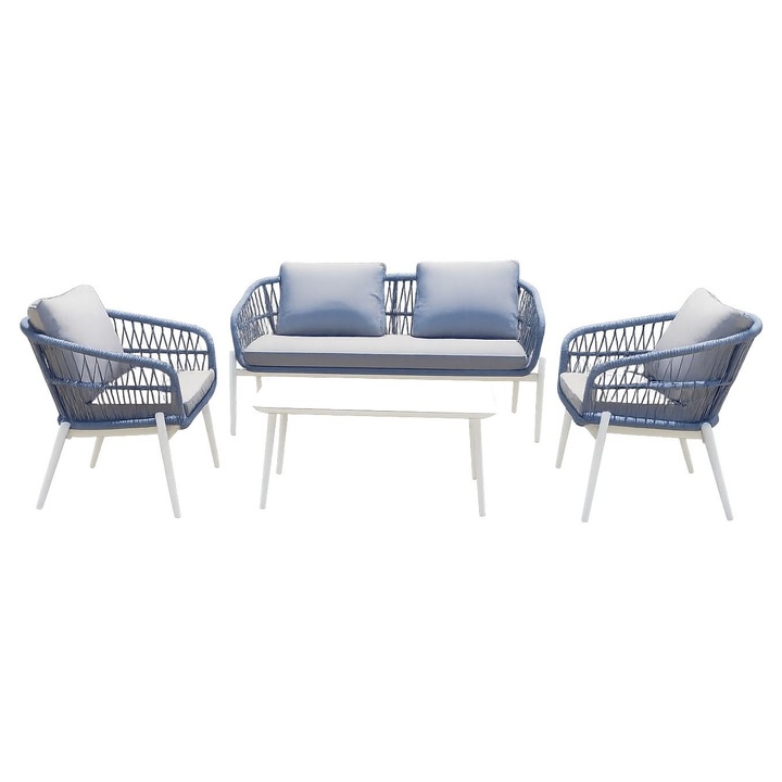 Set mobilier gradina DacEnergy, aluminiu si franghie PE, 2 fotolii, canapea 2 locuri, masa, gri-albastrui si alb