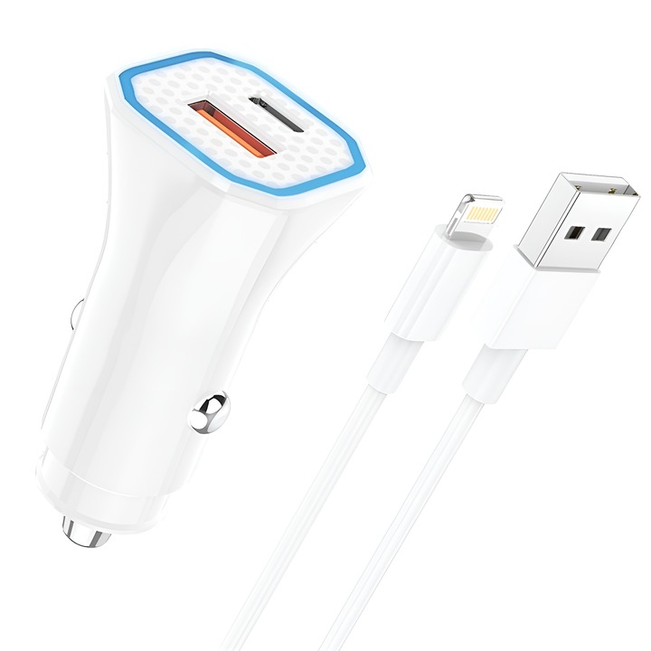 DaDen 38 W-os gyors autós töltő, USB - Lightning kábellel, USB-A és USB-C kimenettel, QC3.0 gyorstöltés, 12V-24V kompatibilis, fehér