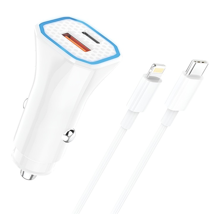 DaDen 38W-os gyors autós töltő, USB-C - Lightning kábellel, USB-A és USB-C kimenettel, QC3.0 gyorstöltés, 12V-24V kompatibilis, fehér