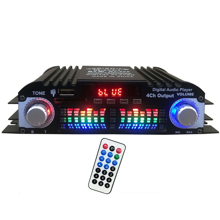 Karaoke erősítő, Bluetooth 5.0, HiFi effekt, FM rádió, sztereó autóhifi/tengeri hangszóróhoz, 40W * 4, 4 csatornás, 17x10x4cm, 95dbn, 20-20KHZ, 12v, TOIITKQ, Fekete