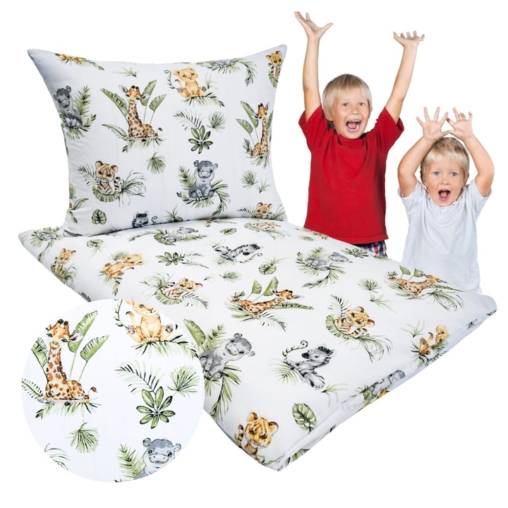 Set De Lenjerie Pentru Copii, 90 cm x 120 cm, 40 cm x 60 cm, Fermuar, 100% Bumbac, Oeko-Tex Standard 100, Hipoalergenic, Animale Africane, Alb Cu Model Colorat