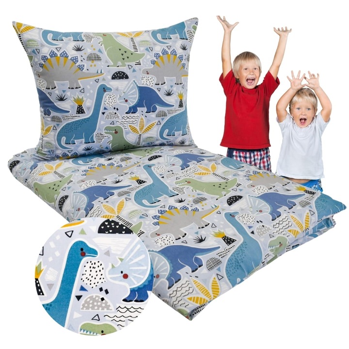 Set De Lenjerie De Pat Pentru Copii, 100 cm x 135 cm, 40 cm x 60 cm, Fermoar, 100% Bumbac, Oeko-Tex Standard 100, Hipoalergenic, Dinozauri Albastri, Alb Cu Model Colorat
